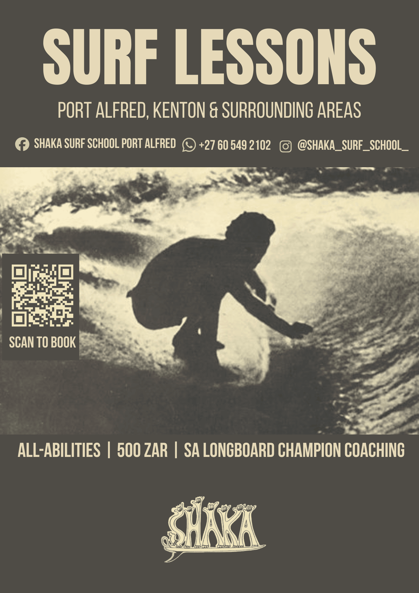 Branded Surf Lessons flyer with a scan-to-book QR code