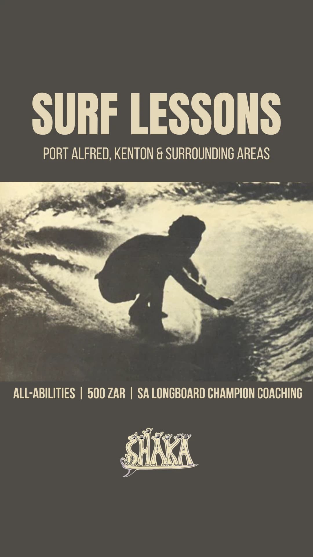 A Shaka Surf School social promo graphic for surf lessons
