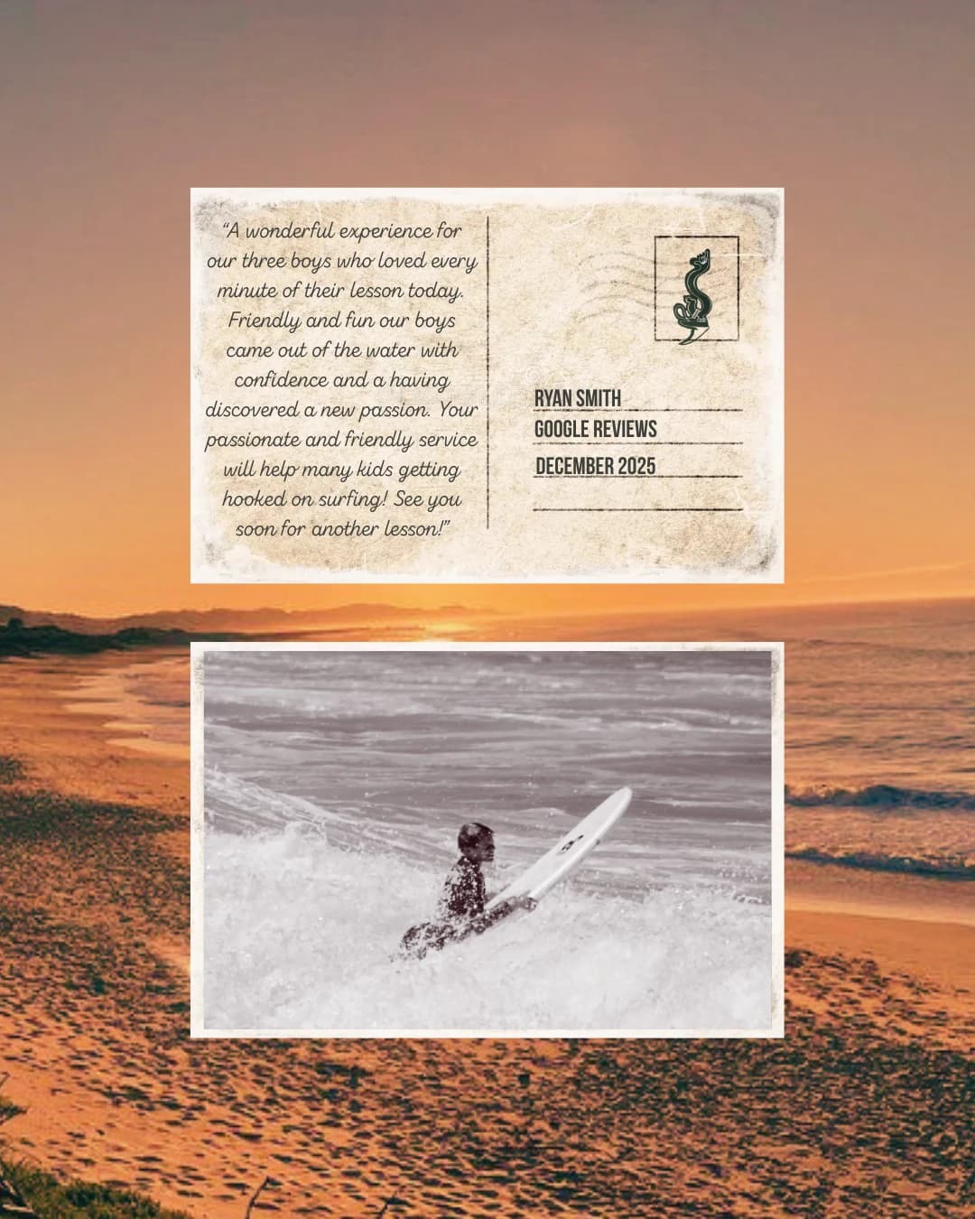 A styled testimonial postcard from a Google review, over a beach sunset