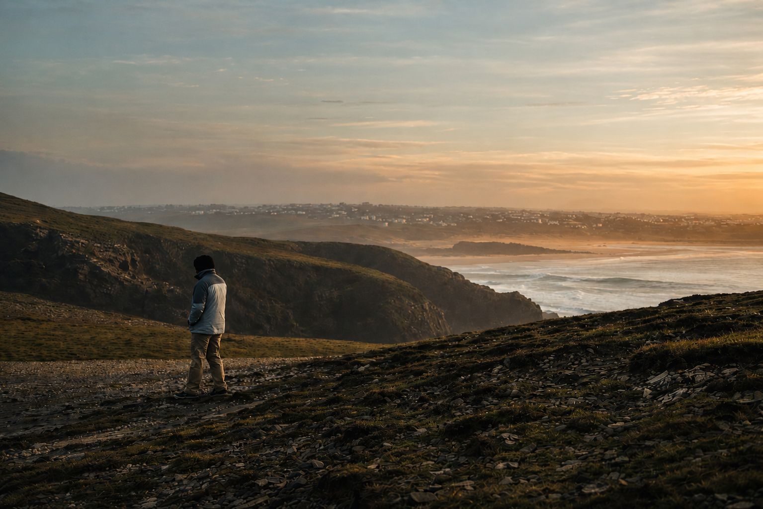 Solitary figure on cliffside looking over Newquay bay at golden hour