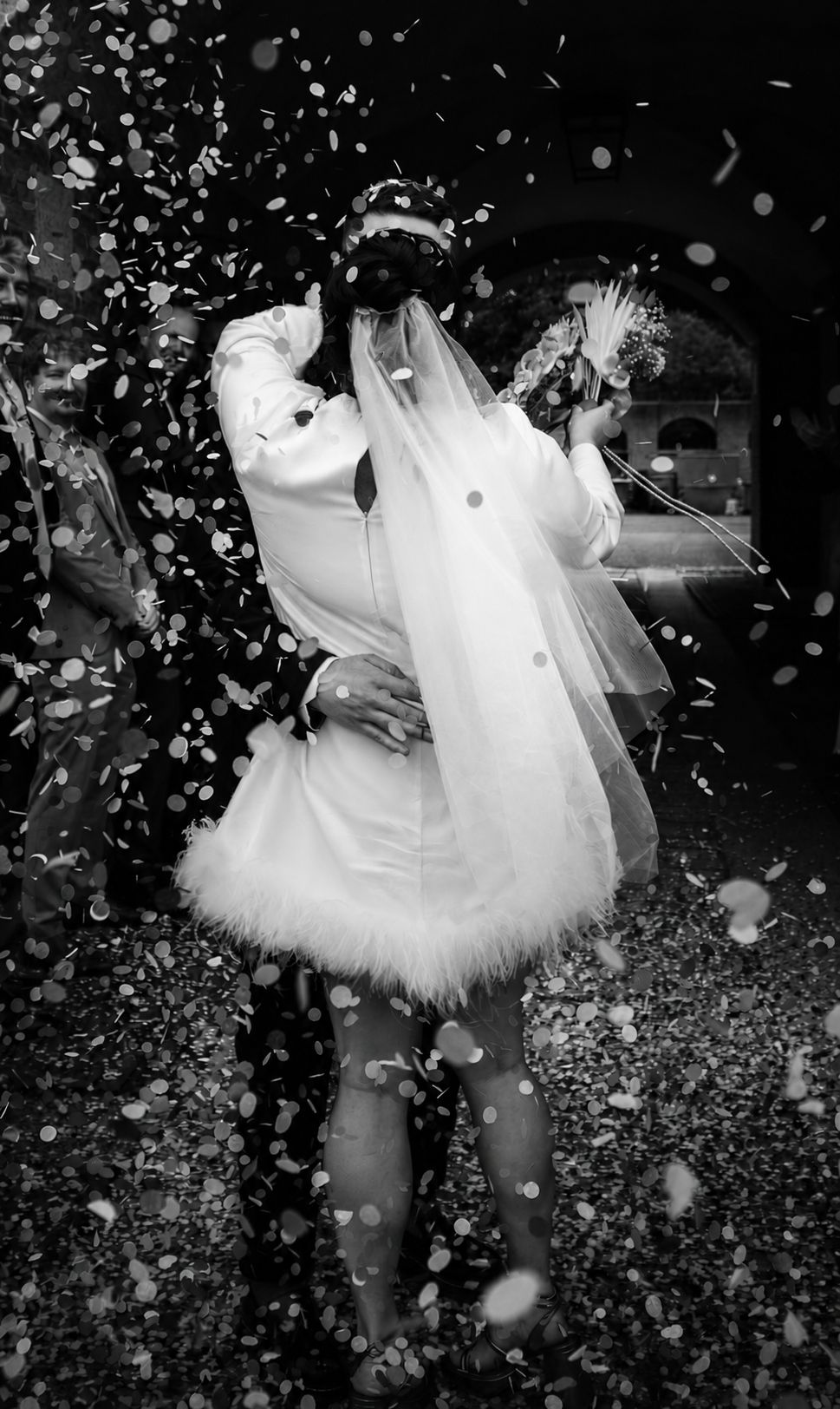 Confetti shower, black and white, abstracted motion