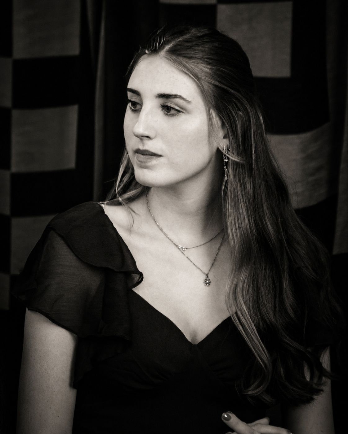 Black and white portrait of woman, thoughtful, pre-wedding