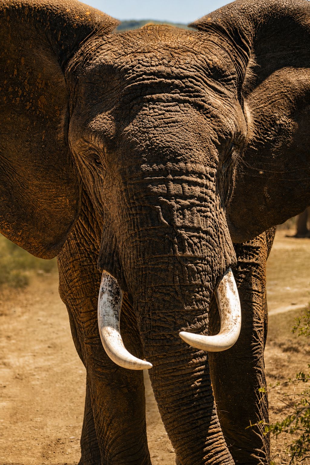 Elephant close-up filling frame, texture and tusks